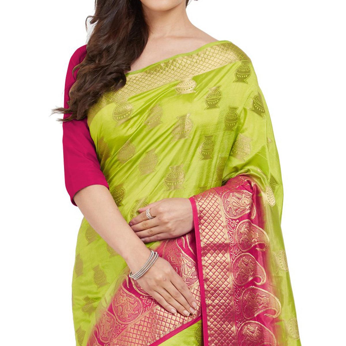 Exceptional Green Colored Festive Wear Woven Cotton Silk Saree