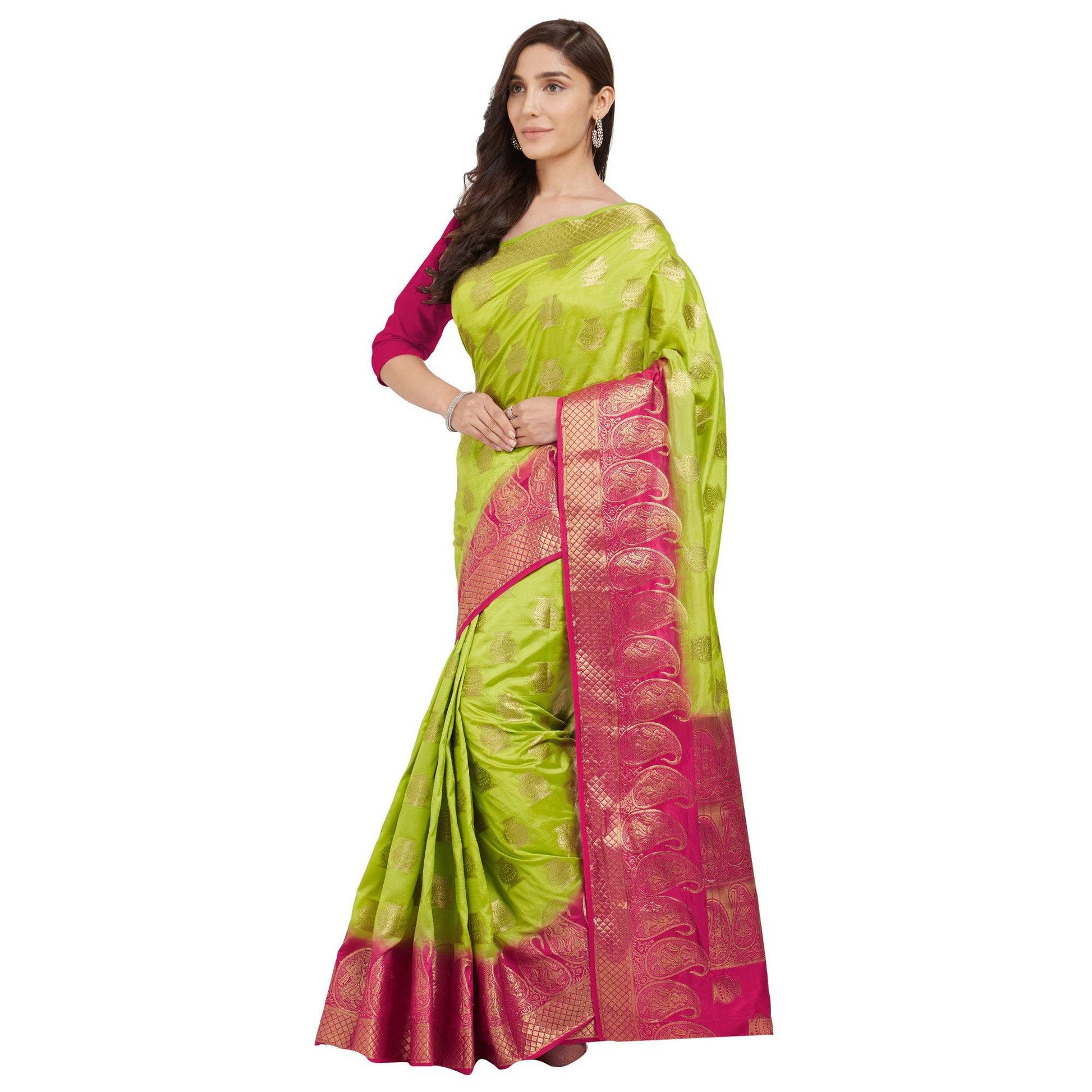 Exceptional Green Colored Festive Wear Woven Cotton Silk Saree