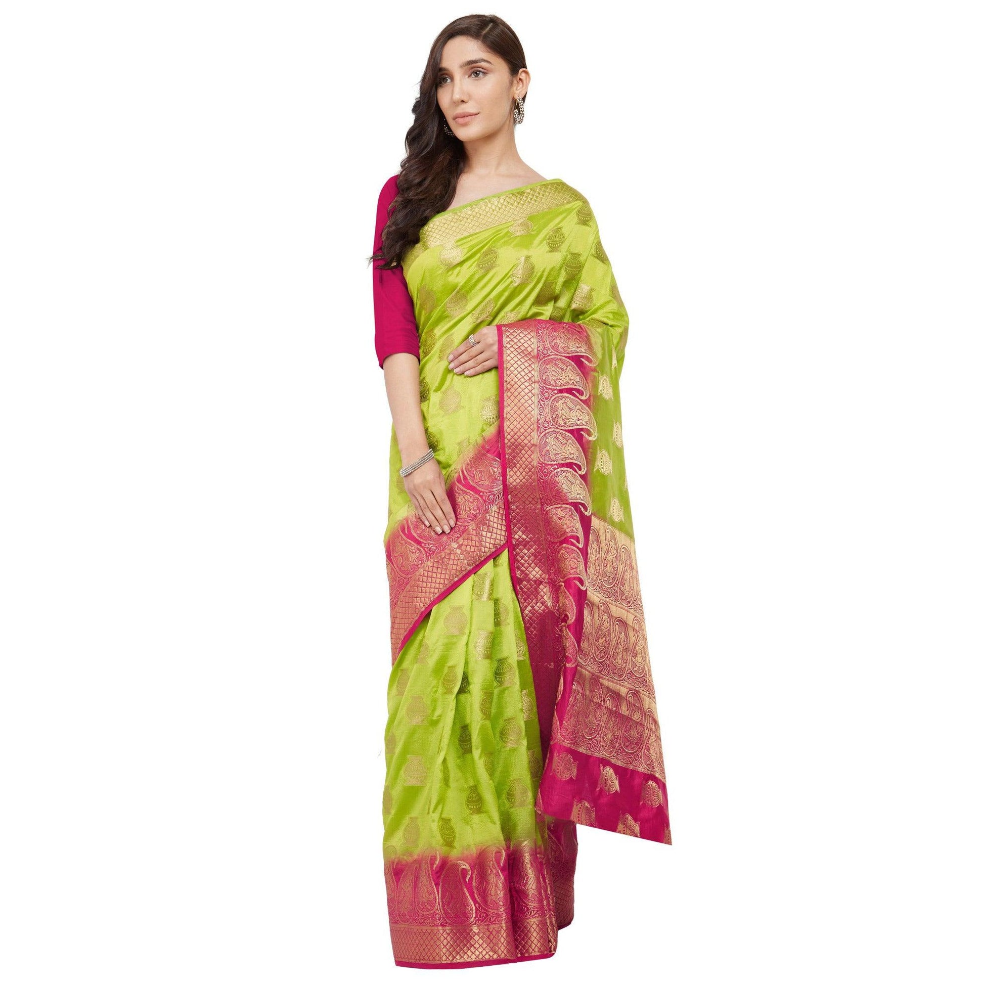 Exceptional Green Colored Festive Wear Woven Cotton Silk Saree