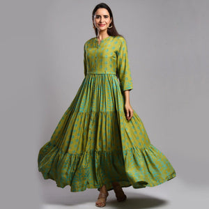 Exceptional Green Colored Partywear Printed Anarkali Style Cotton Silk Long Kurti
