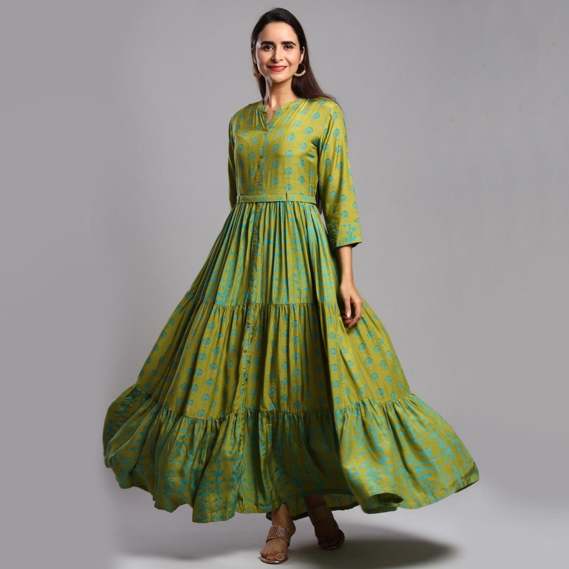 Exceptional Green Colored Partywear Printed Anarkali Style Cotton Silk Long Kurti