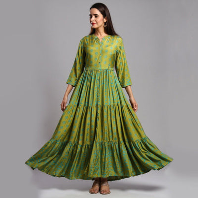 Exceptional Green Colored Partywear Printed Anarkali Style Cotton Silk Long Kurti