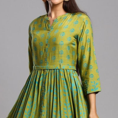 Exceptional Green Colored Partywear Printed Anarkali Style Cotton Silk Long Kurti