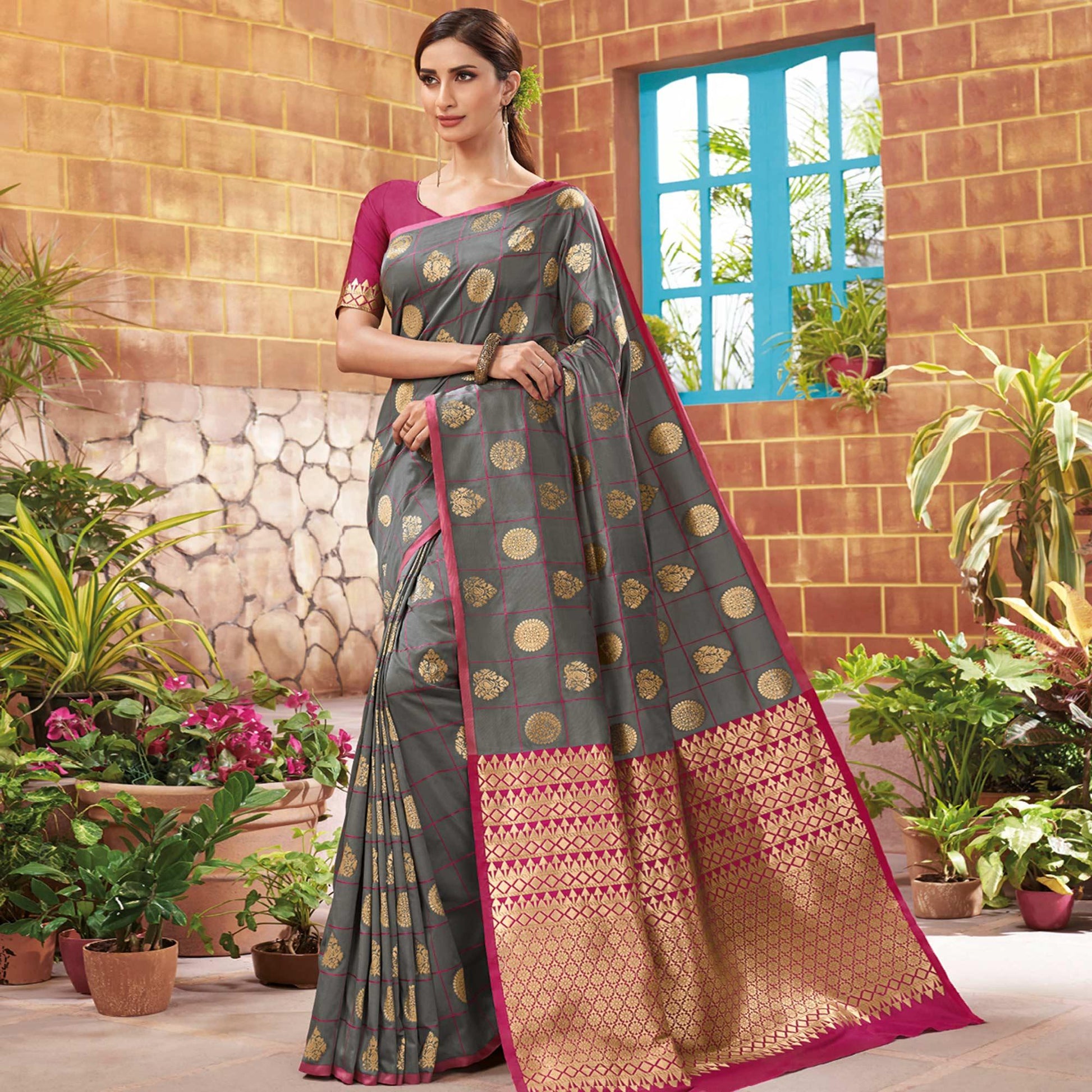 Exceptional Grey Colored Festive Wear Woven Silk Saree