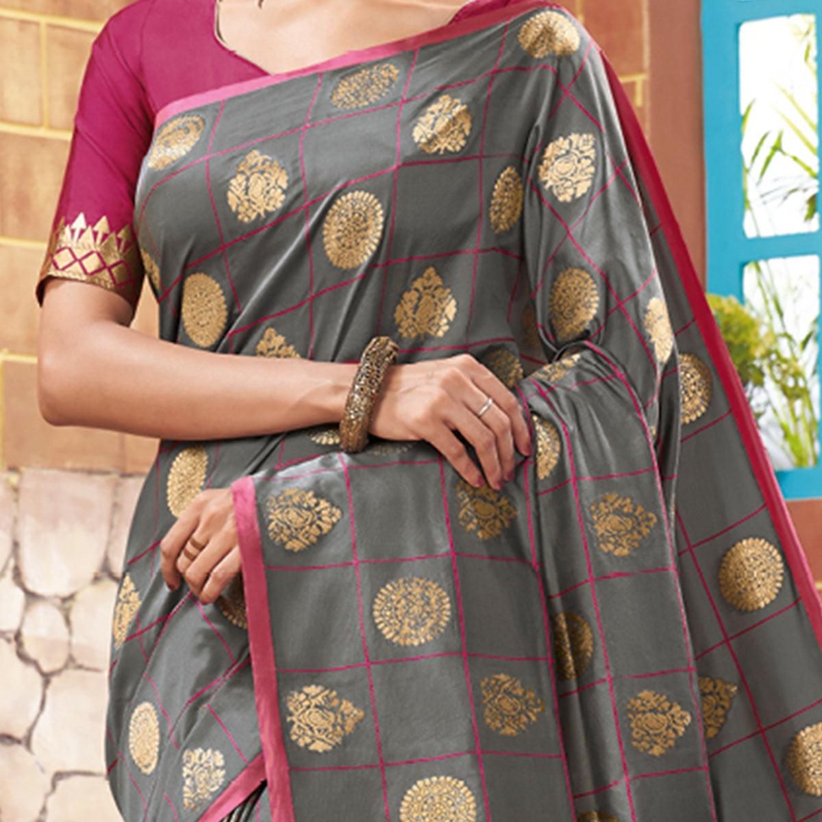 Exceptional Grey Colored Festive Wear Woven Silk Saree