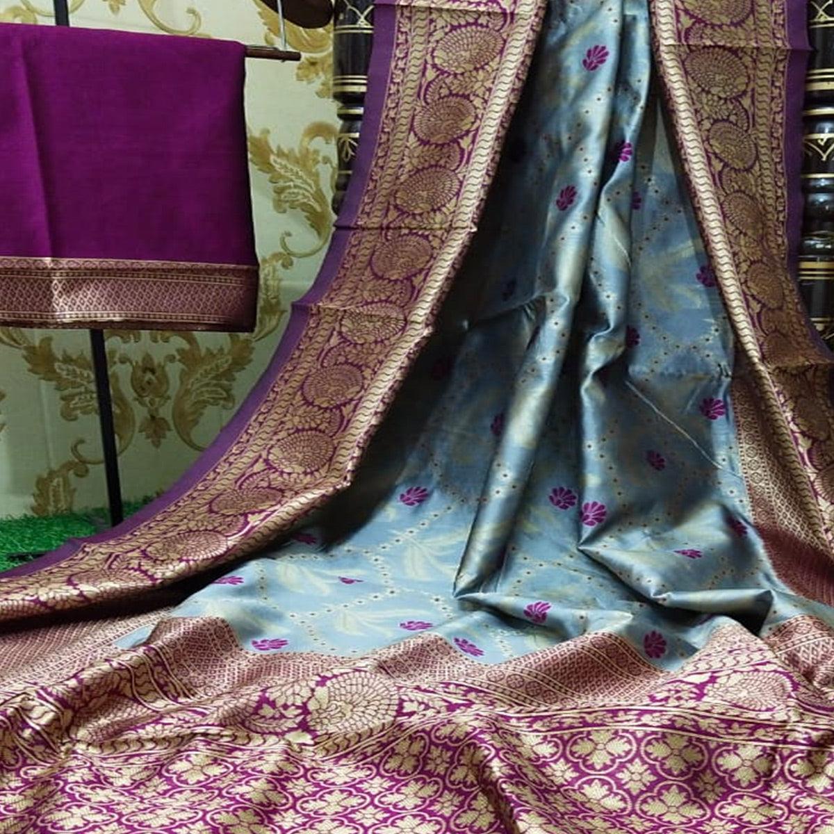 Exceptional Grey Colored Festive Wear Woven Silk Saree