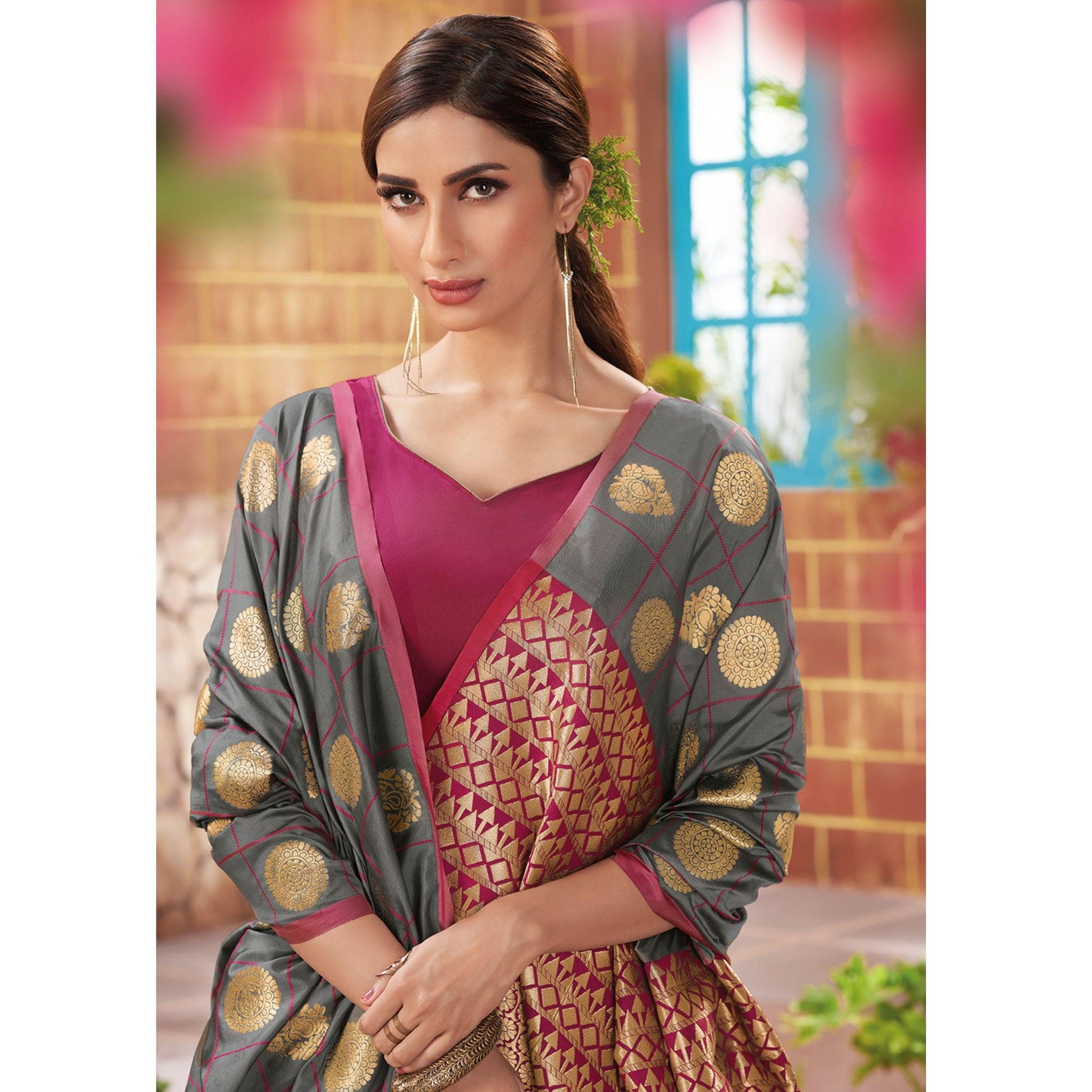 Exceptional Grey Colored Festive Wear Woven Silk Saree