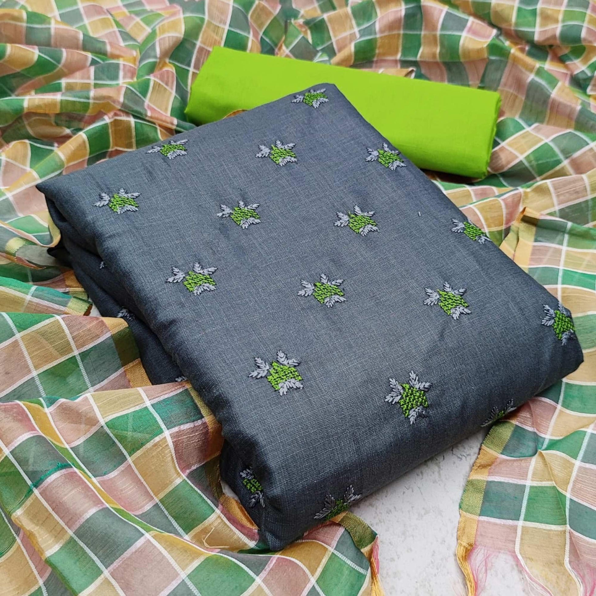 Exceptional Grey - Green Colored Casual Wear Embroidered Cotton Dress Material