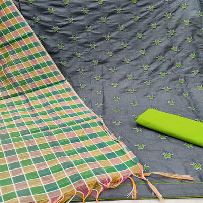 Exceptional Grey - Green Colored Casual Wear Embroidered Cotton Dress Material