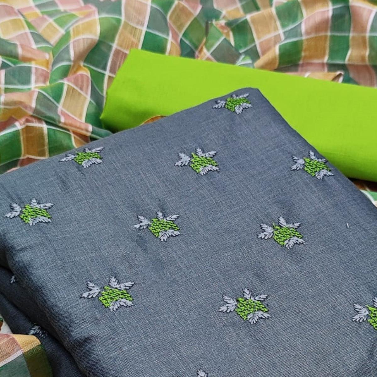 Exceptional Grey - Green Colored Casual Wear Embroidered Cotton Dress Material