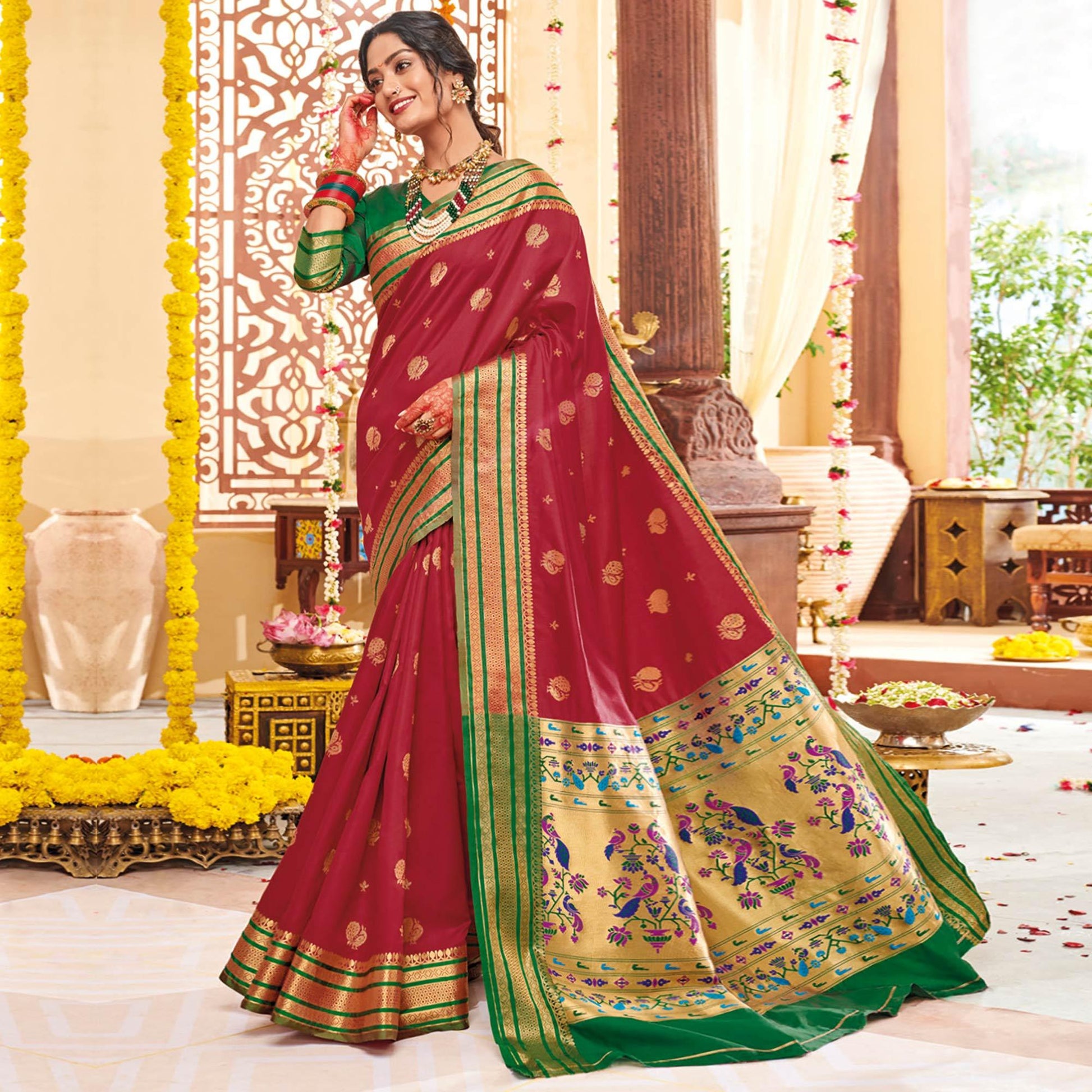 Exceptional Maroon Colored Festive Wear Woven Silk Saree