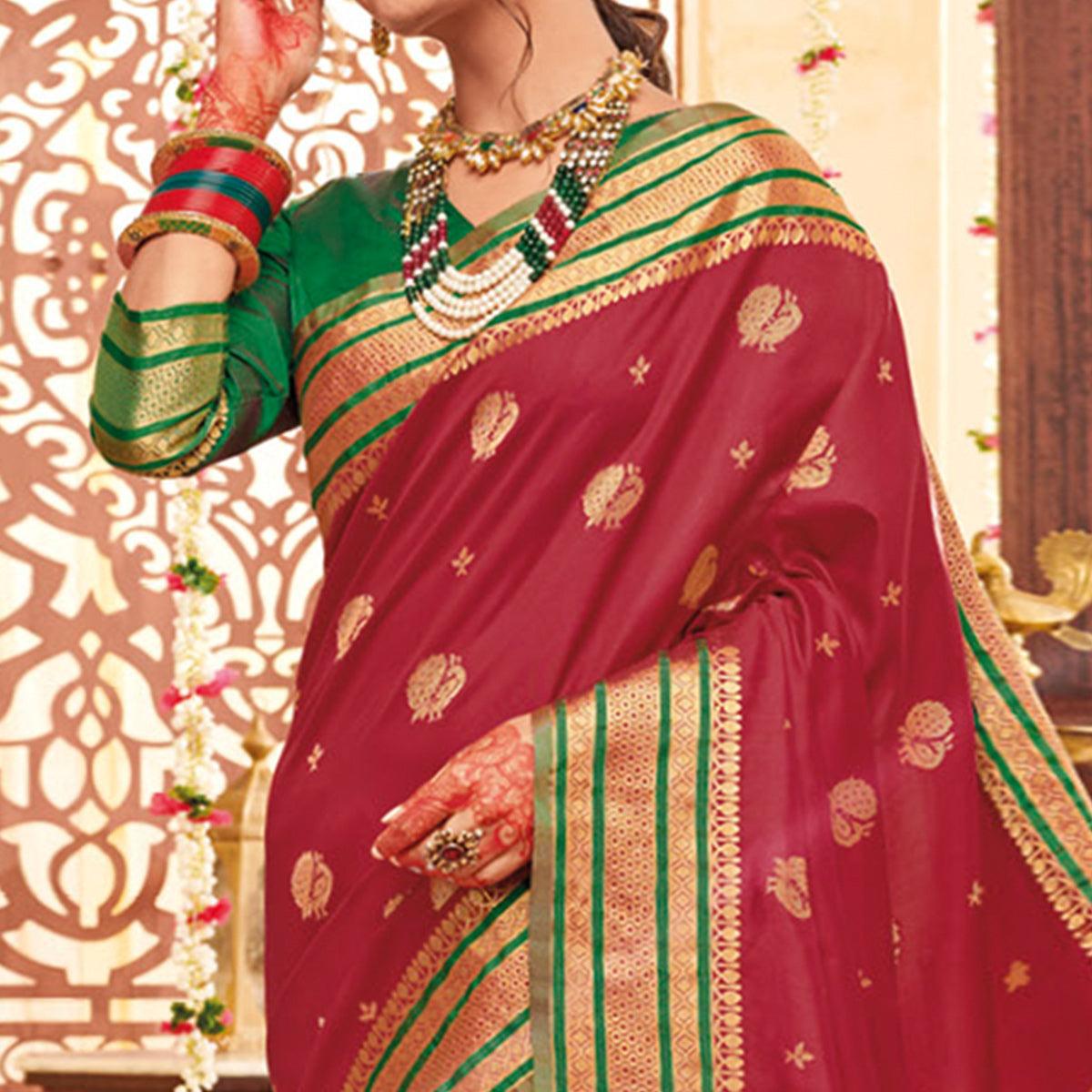 Exceptional Maroon Colored Festive Wear Woven Silk Saree