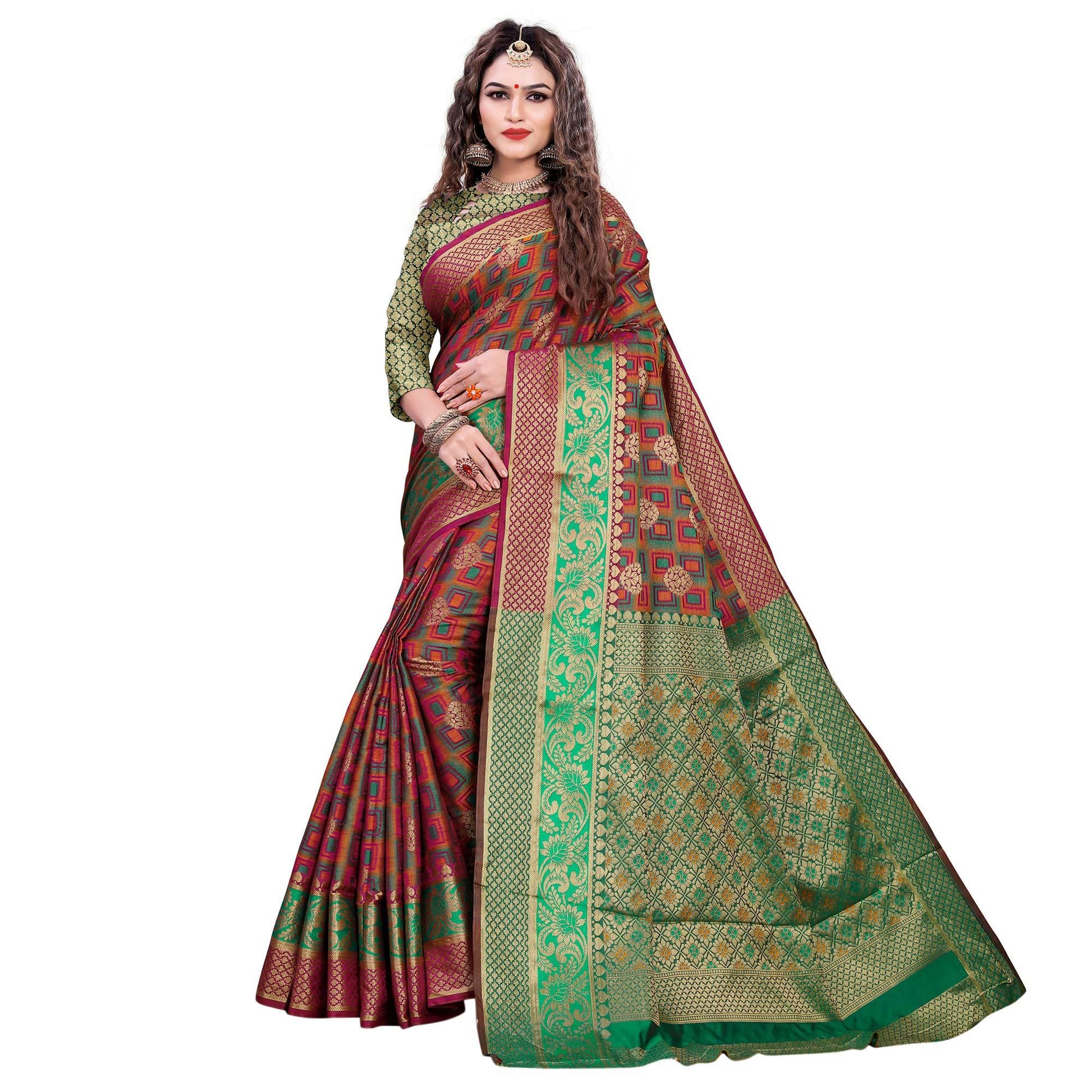 Exceptional Maroon-Green Colored Festive Wear Woven Cotton Silk Jacquard Saree