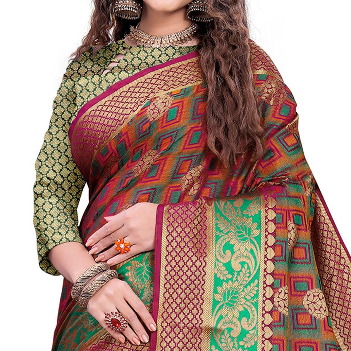 Exceptional Maroon-Green Colored Festive Wear Woven Cotton Silk Jacquard Saree