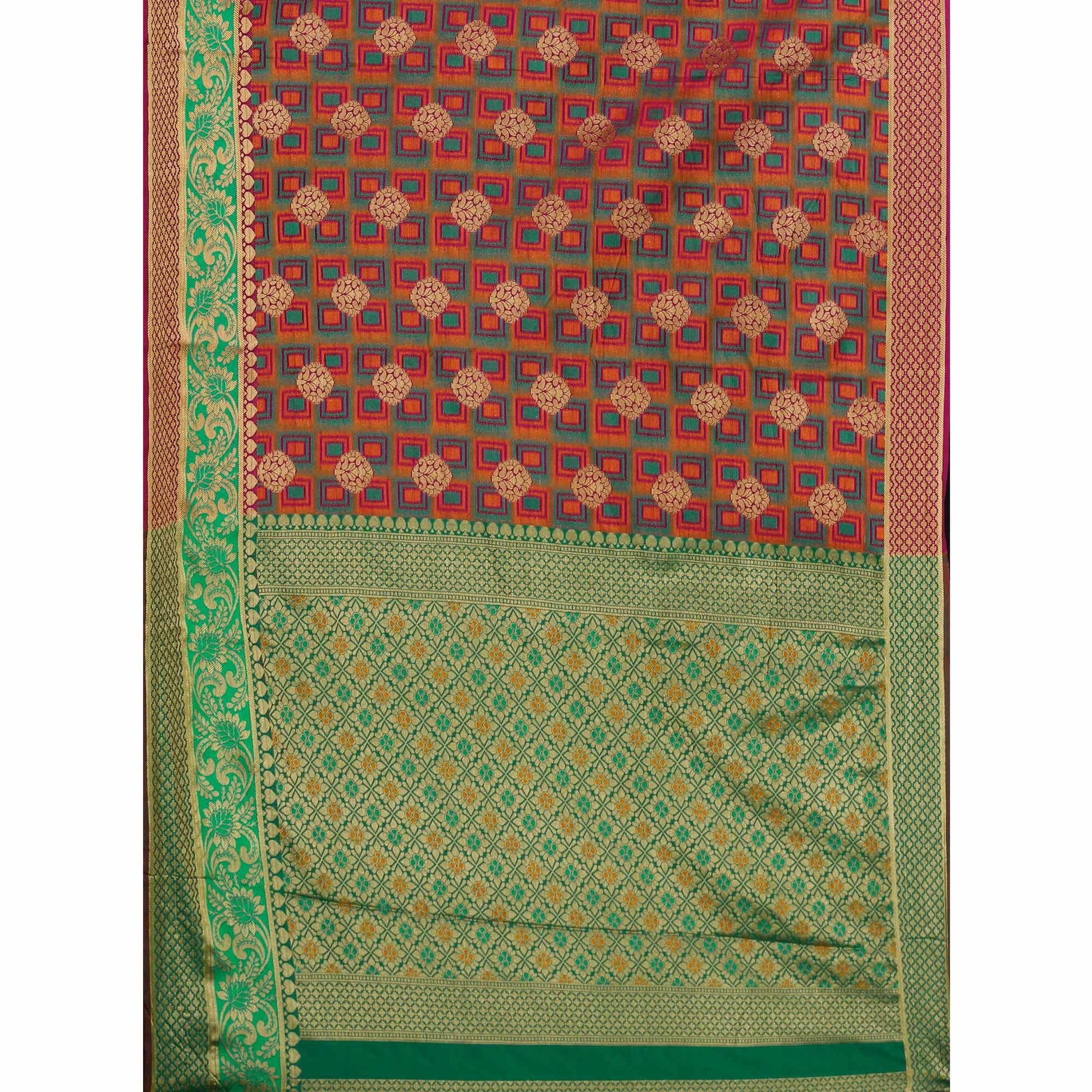 Exceptional Maroon-Green Colored Festive Wear Woven Cotton Silk Jacquard Saree
