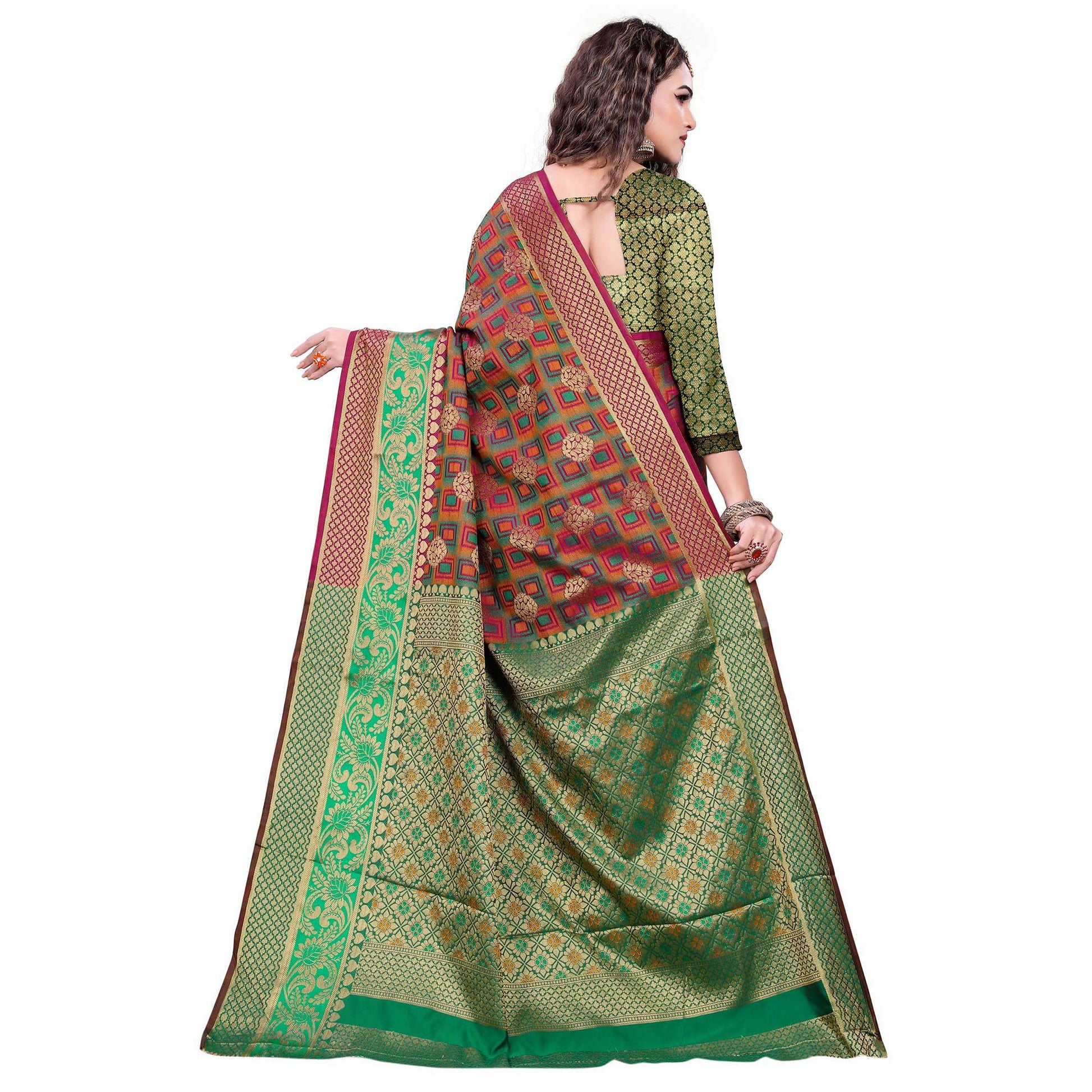 Exceptional Maroon-Green Colored Festive Wear Woven Cotton Silk Jacquard Saree