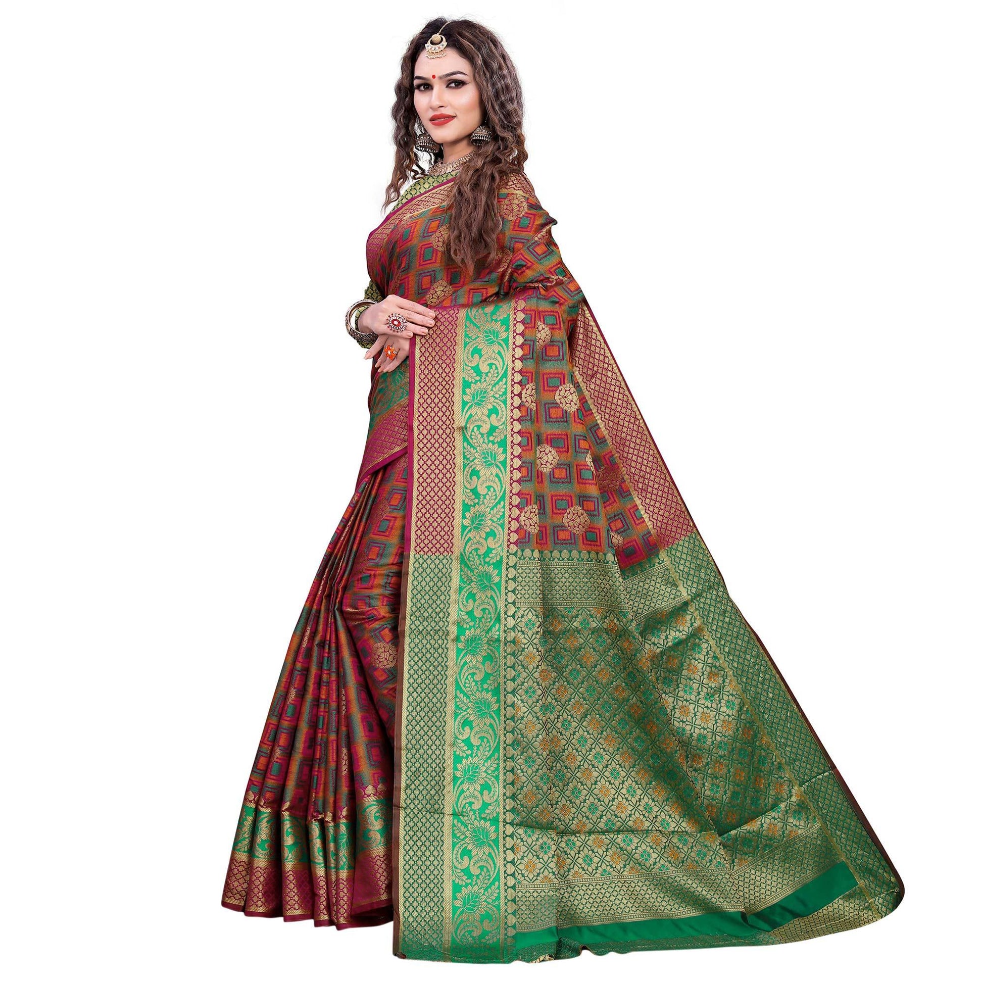 Exceptional Maroon-Green Colored Festive Wear Woven Cotton Silk Jacquard Saree