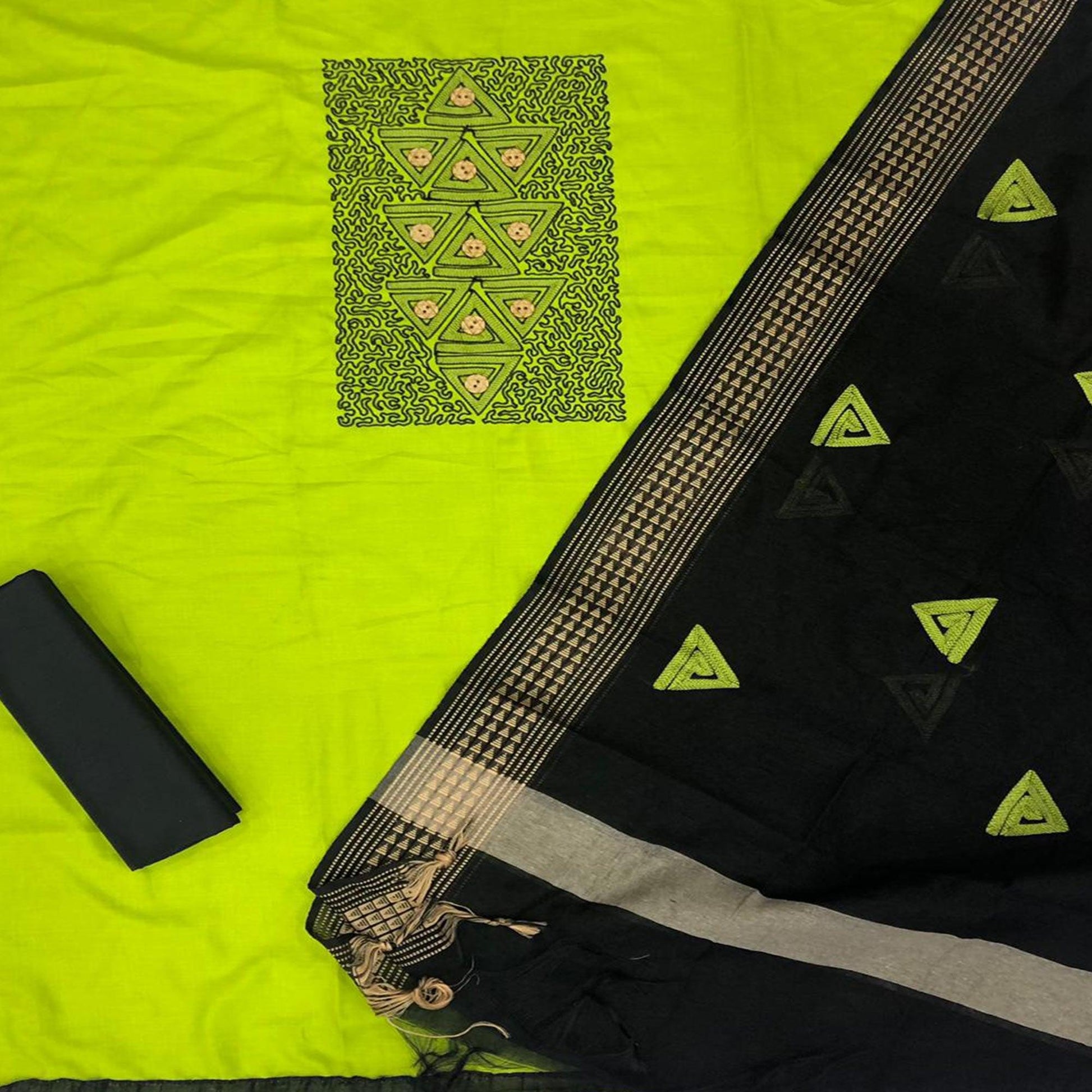 Exceptional Mehandi Coloured Casual Wear Embroidered Cotton Dress Material
