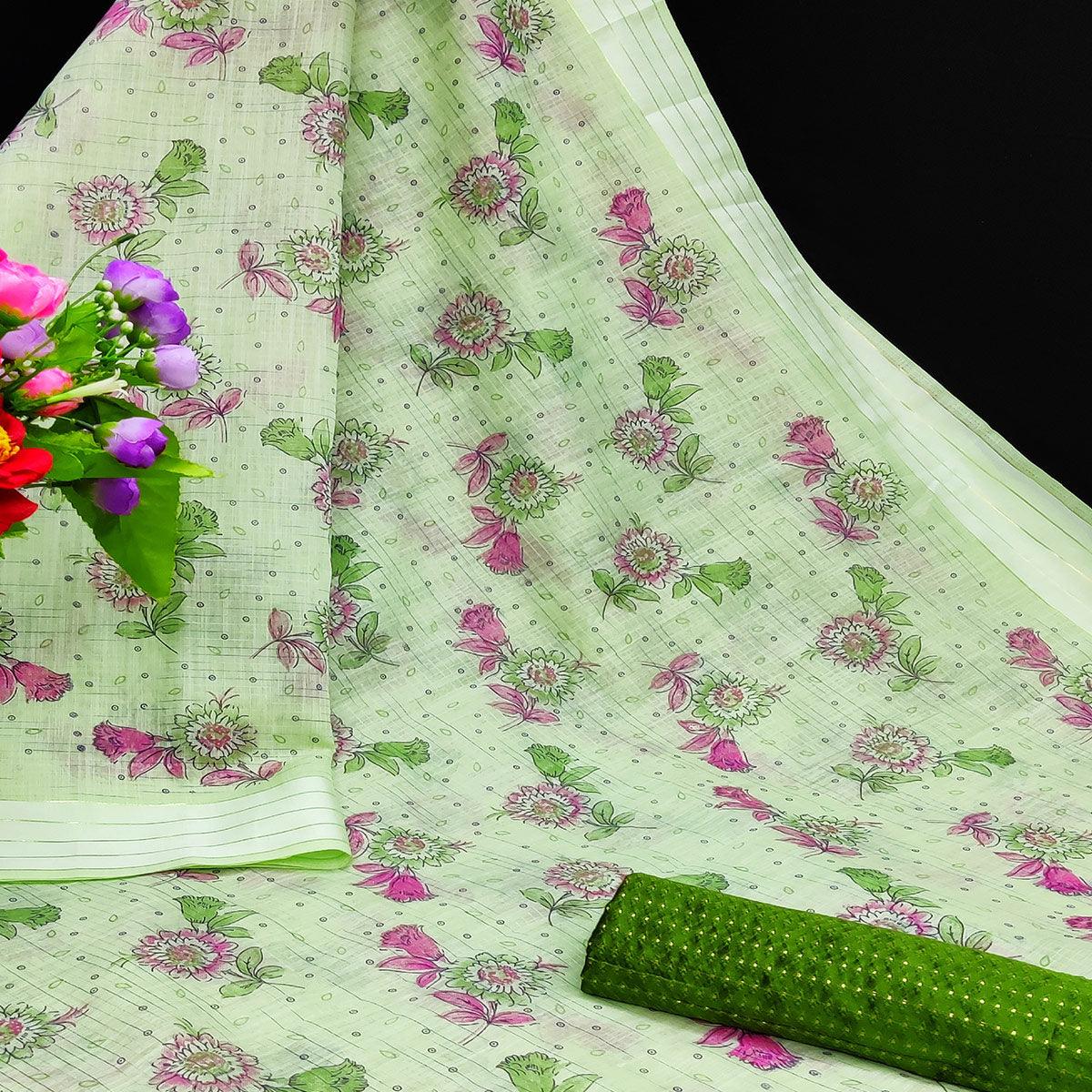 Exceptional Mehendi Coloured Floral Print Casual Wear Striped Pattern Cotton Saree