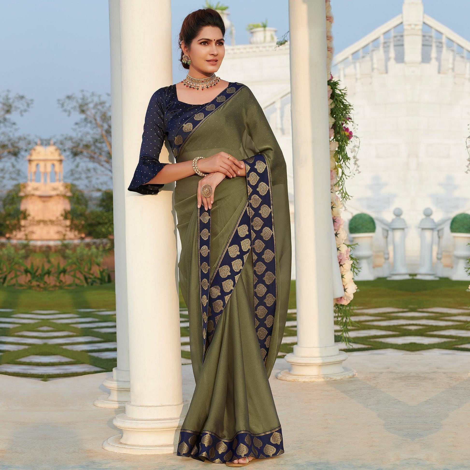 Exceptional Mehendi Green Colored Party Wear Embroidered Chiffon Saree