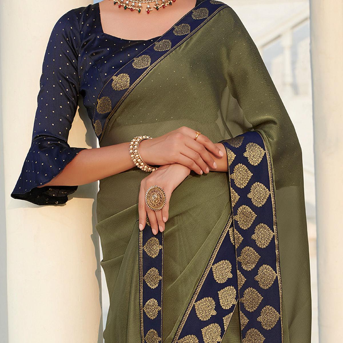 Exceptional Mehendi Green Colored Party Wear Embroidered Chiffon Saree