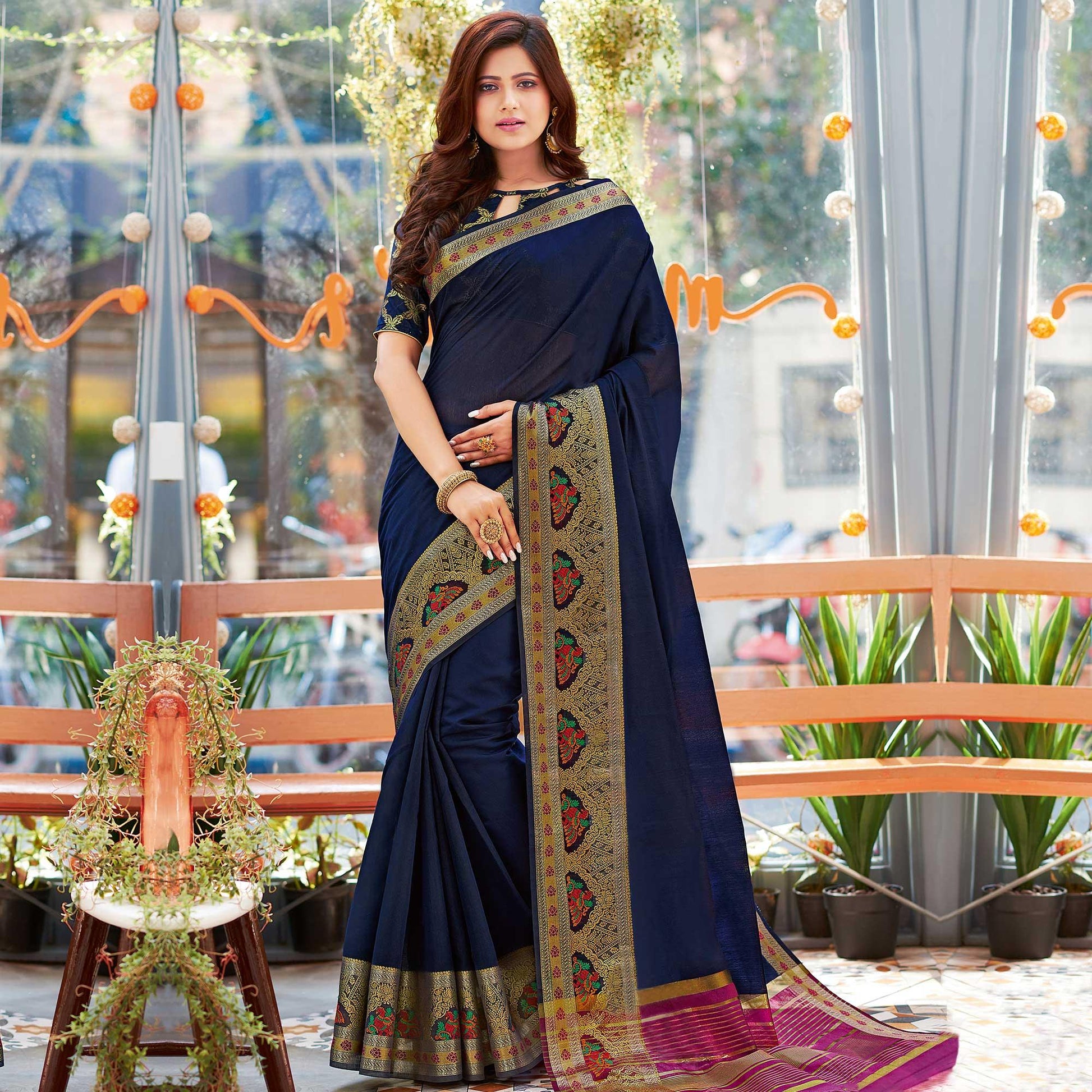 Exceptional Navy Blue Colored Festive Wear Woven Cotton Silk Saree