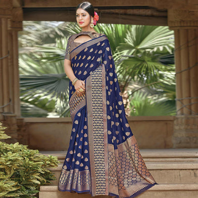 Exceptional Navy Blue Colored Festive Wear Woven Handloom Cotton Saree
