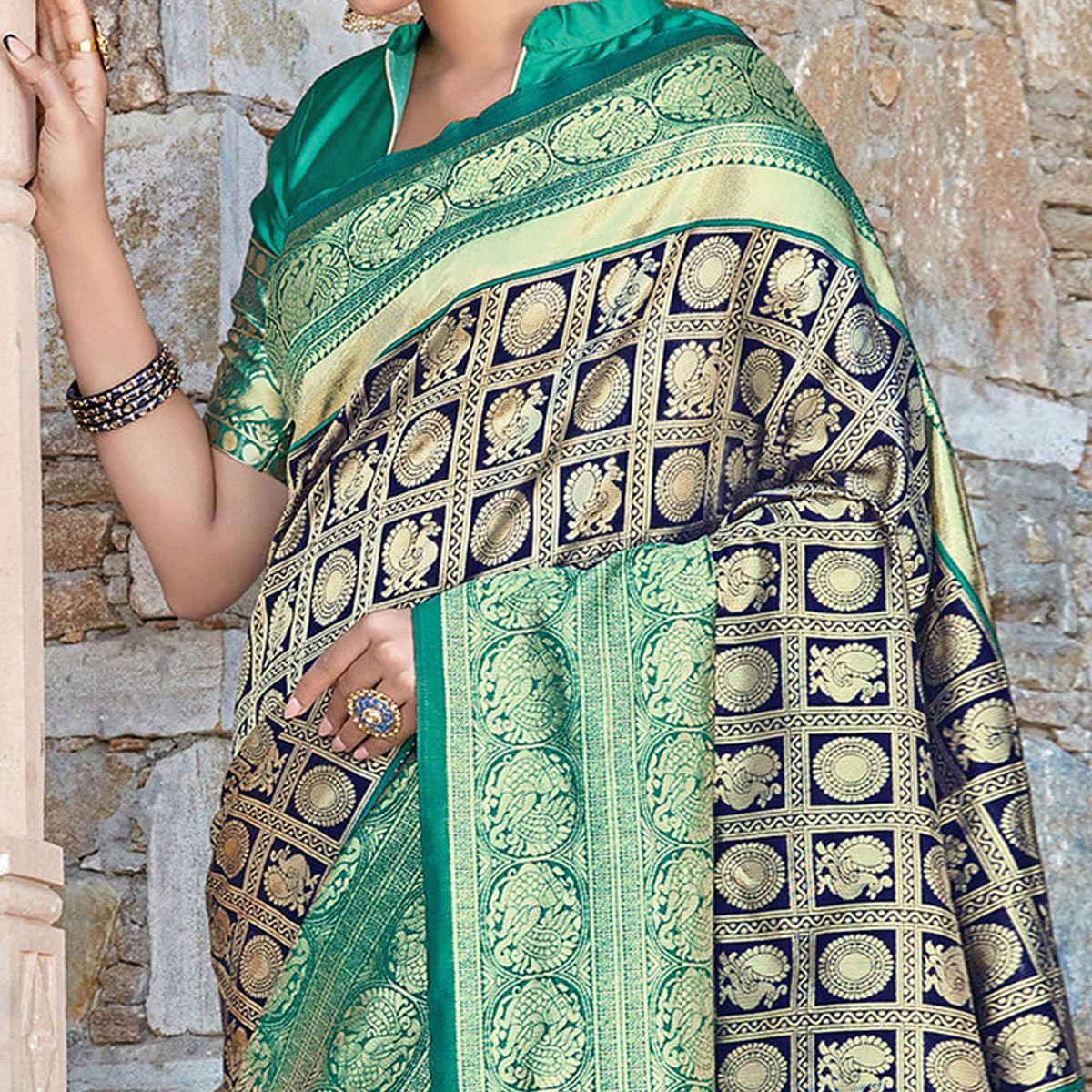 Exceptional Navy Blue Colored Festive Wear Woven Silk Sareee