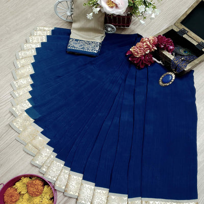 Exceptional Navy Blue Colored Festive Wear Woven Soft Vichitra Silk Saree