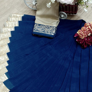Exceptional Navy Blue Colored Festive Wear Woven Soft Vichitra Silk Saree