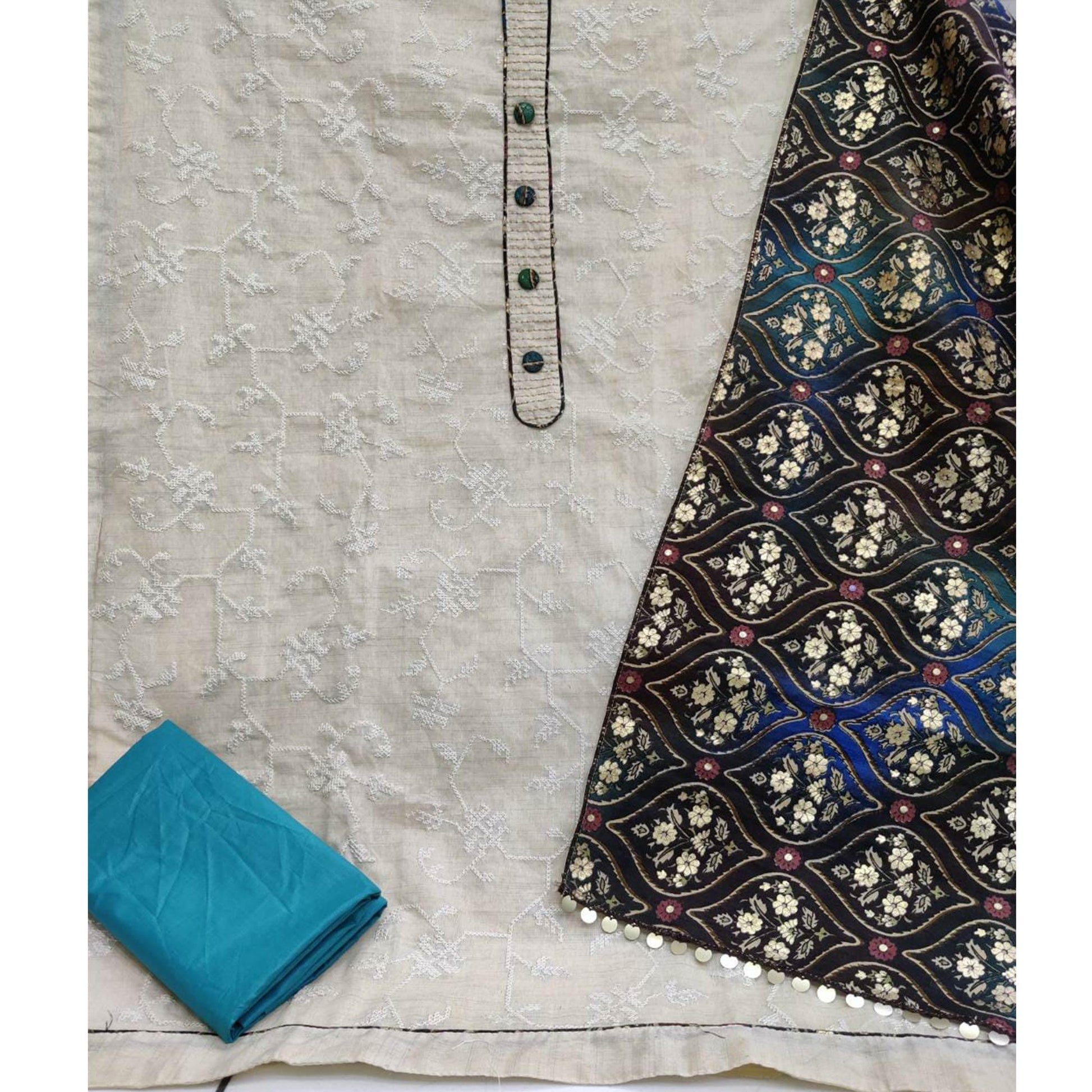 Exceptional Offwhite - Rama Colored Casual Wear Embroidered Cotton Dress Material