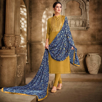 Exceptional Olive Green Colored Casual Wear Embroidered Chanderi Dress Material