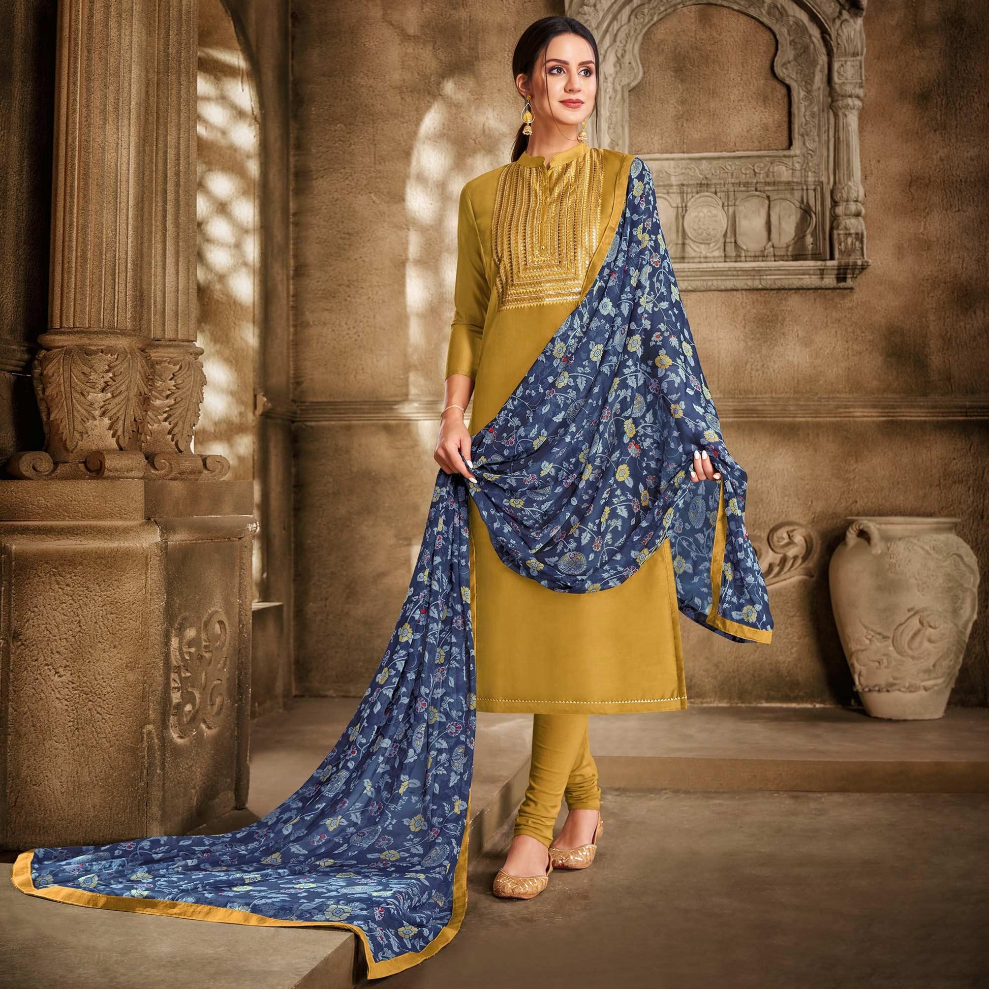 Exceptional Olive Green Colored Casual Wear Embroidered Chanderi Dress Material