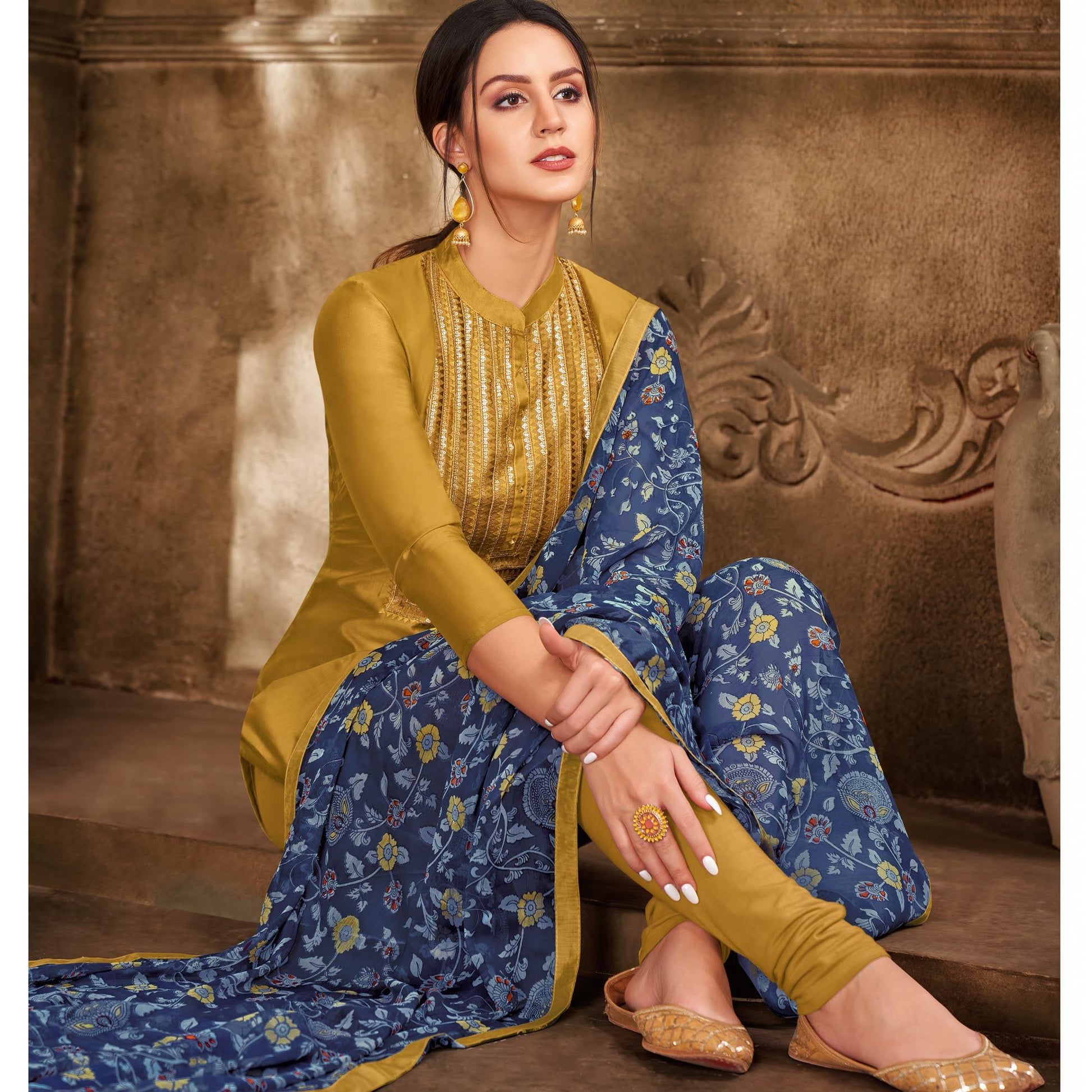 Exceptional Olive Green Colored Casual Wear Embroidered Chanderi Dress Material