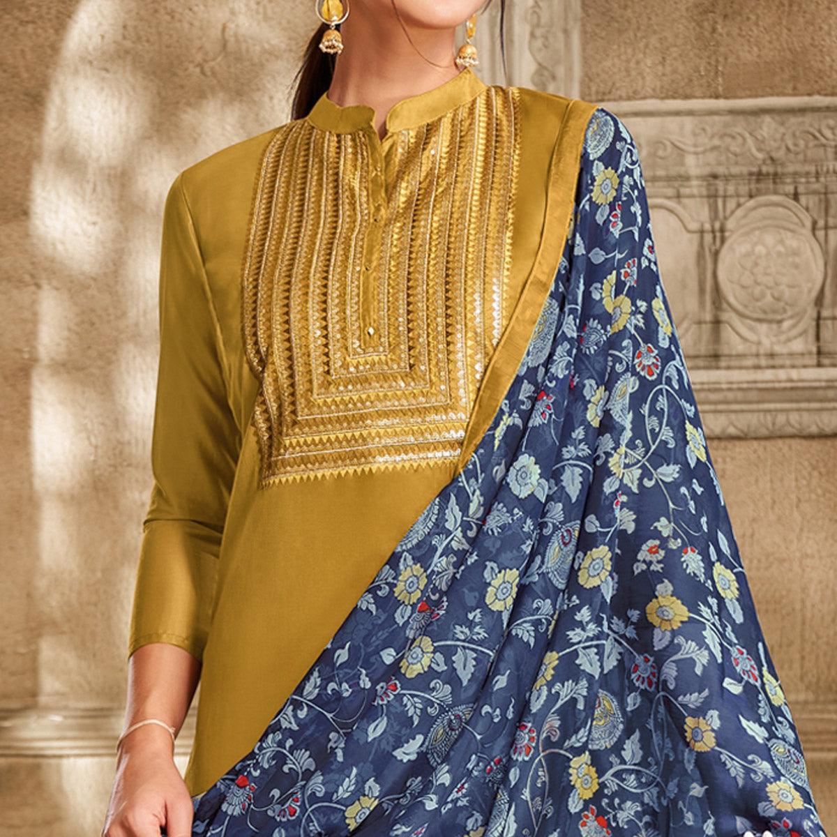 Exceptional Olive Green Colored Casual Wear Embroidered Chanderi Dress Material