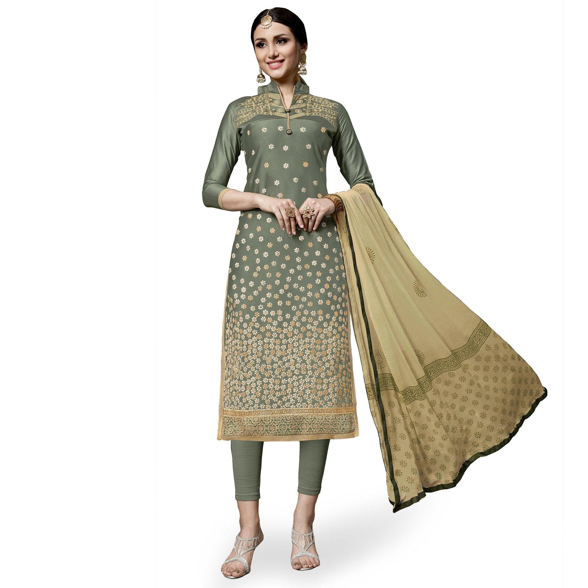 Exceptional Olive Green Colored Partywear Embroidered Cotton Dress Material