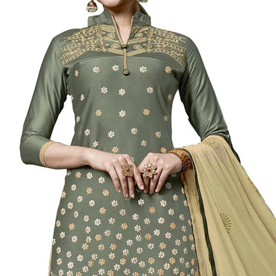 Exceptional Olive Green Colored Partywear Embroidered Cotton Dress Material