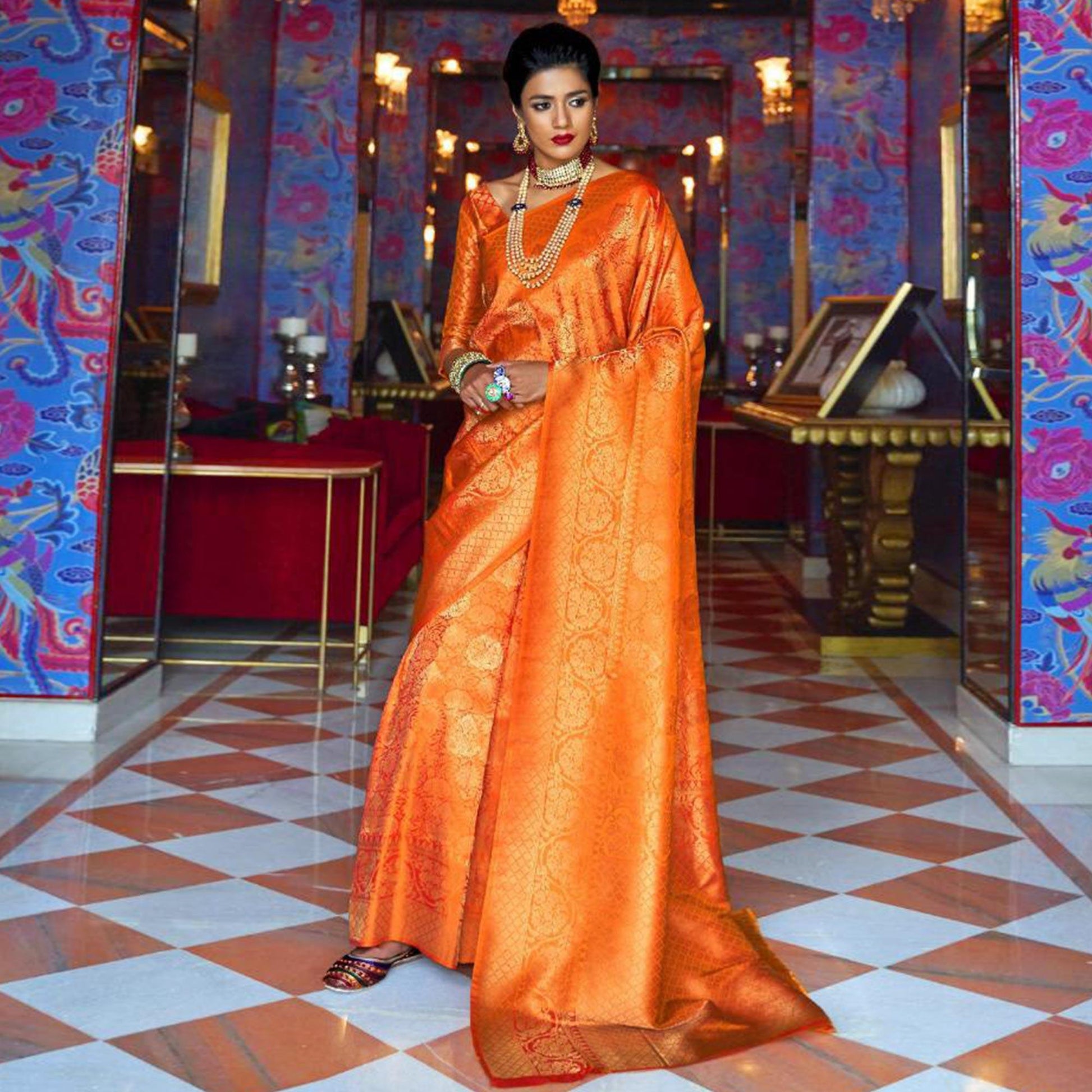 Exceptional Orange Colored Festive Wear Woven Art Silk Saree