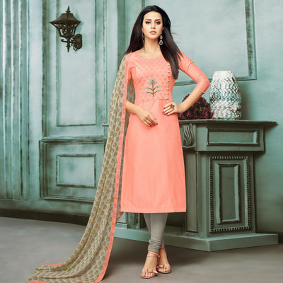 Exceptional Peach Colored Casual Wear Printed Chanderi Dress Material