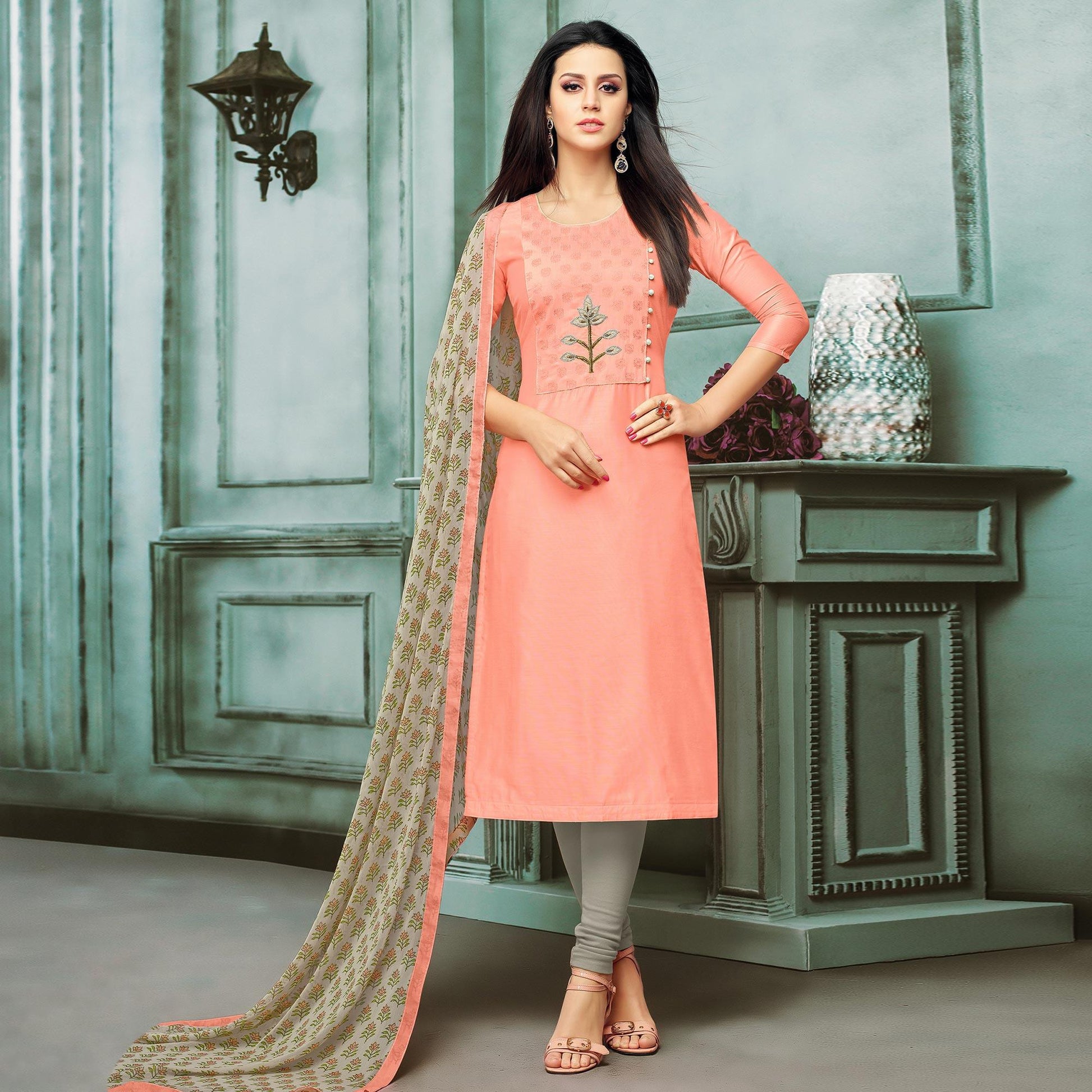 Exceptional Peach Colored Casual Wear Printed Chanderi Dress Material