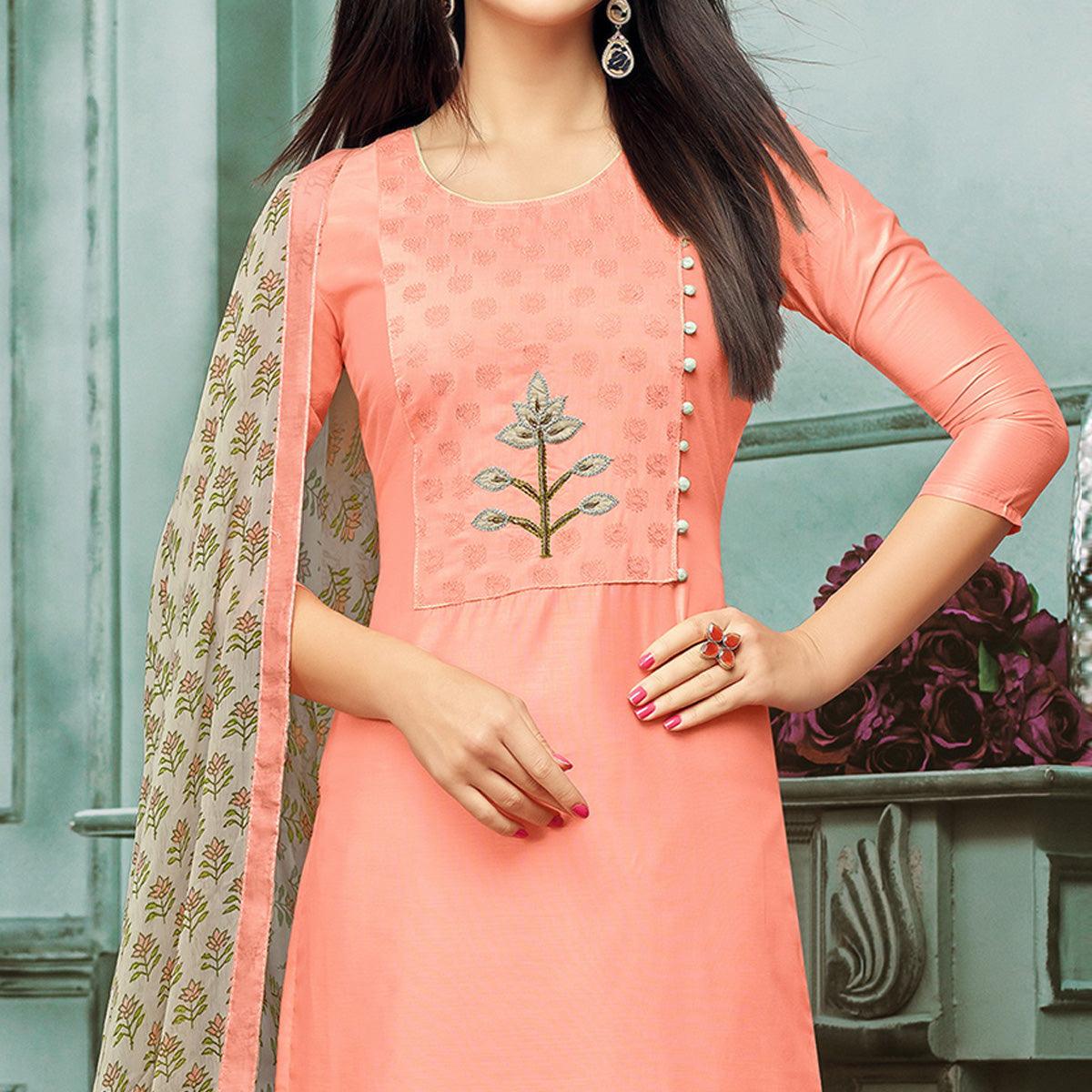 Exceptional Peach Colored Casual Wear Printed Chanderi Dress Material