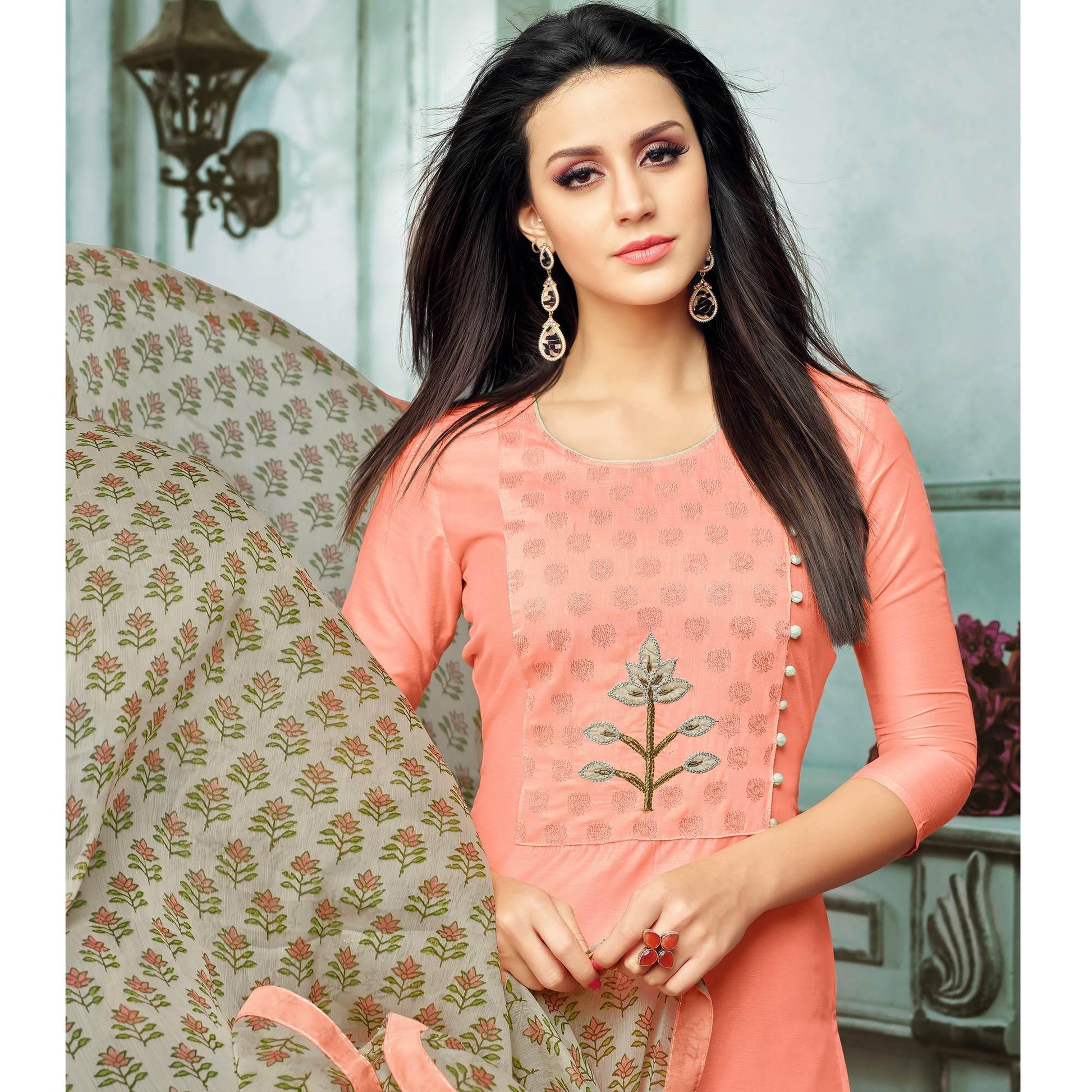 Exceptional Peach Colored Casual Wear Printed Chanderi Dress Material