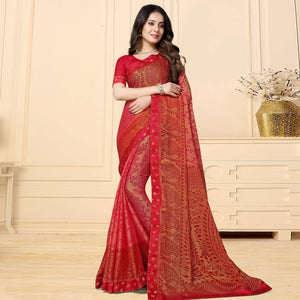 Exceptional Peach Colored Festive Wear Printed Chiffon Brasso Saree
