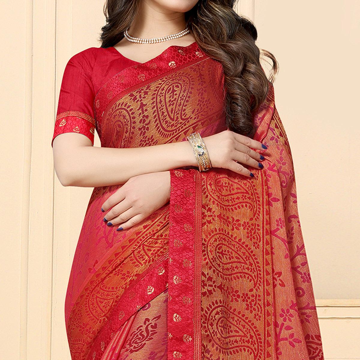 Exceptional Peach Colored Festive Wear Printed Chiffon Brasso Saree
