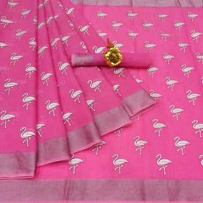 Exceptional Pink Colored Casual Wear Printed Cotton Linen Saree