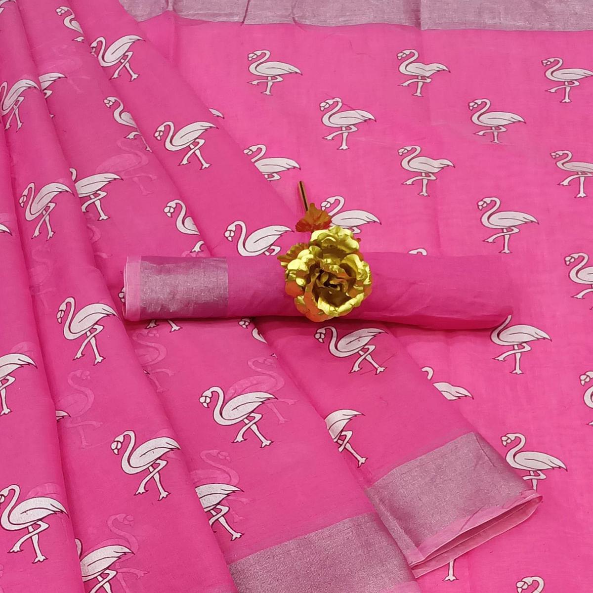 Exceptional Pink Colored Casual Wear Printed Cotton Linen Saree