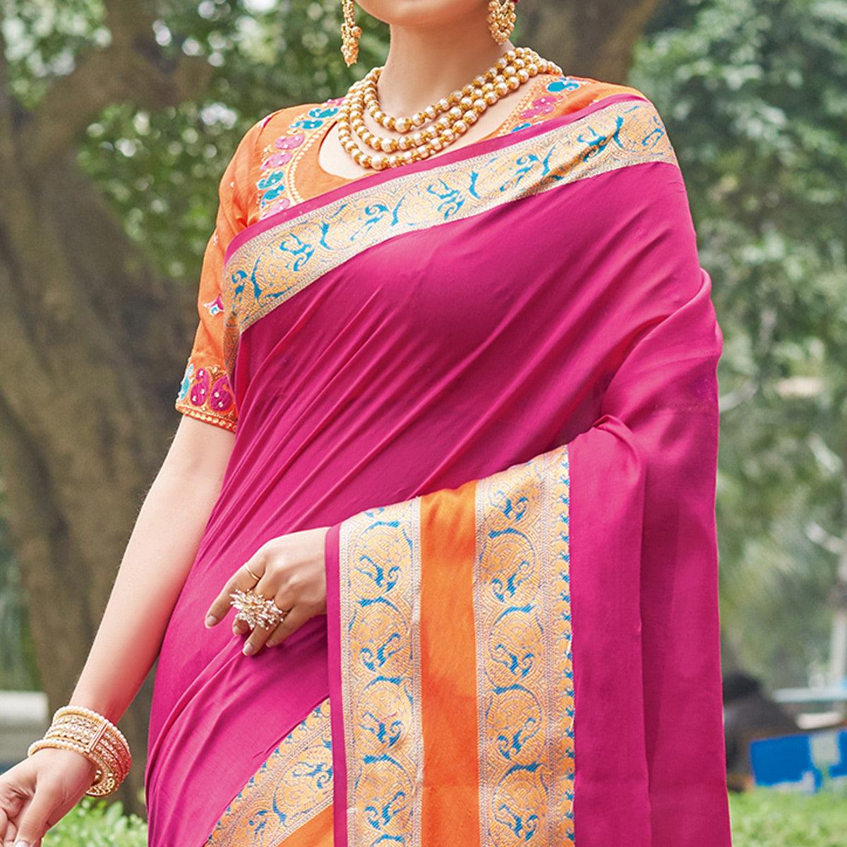 Exceptional Pink Colored Festive Wear Woven Handloom Silk Saree