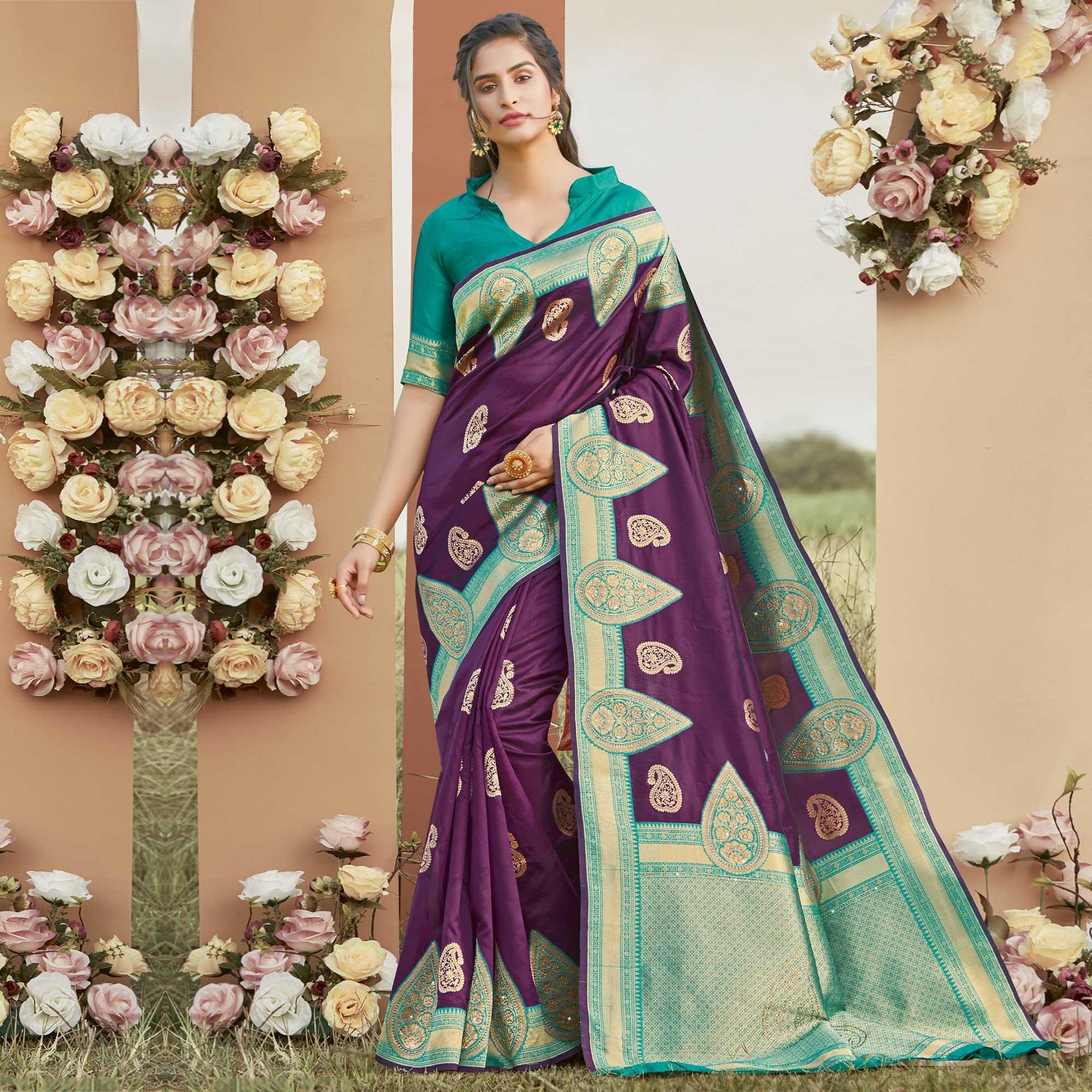 Exceptional Purple Colored Festive Wear Woven Silk Saree