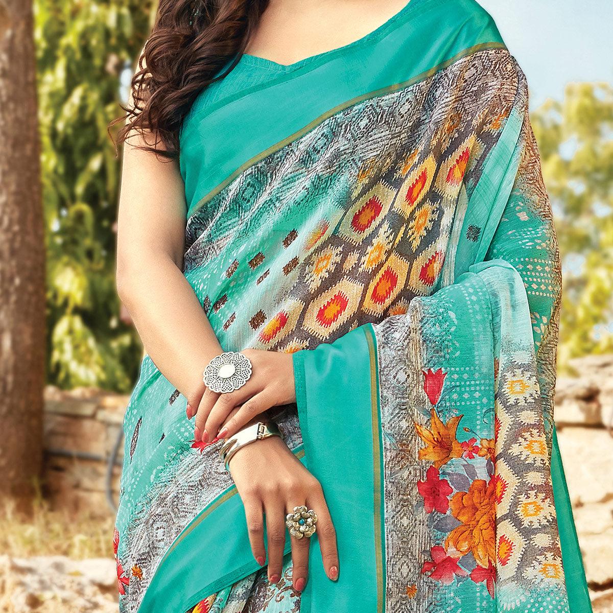 Exceptional Rama Green Colored Casual Wear Printed Cotton Saree