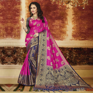 Exceptional Rani Pink-Navy Blue Colored Festive Wear Weaving Art Silk Saree